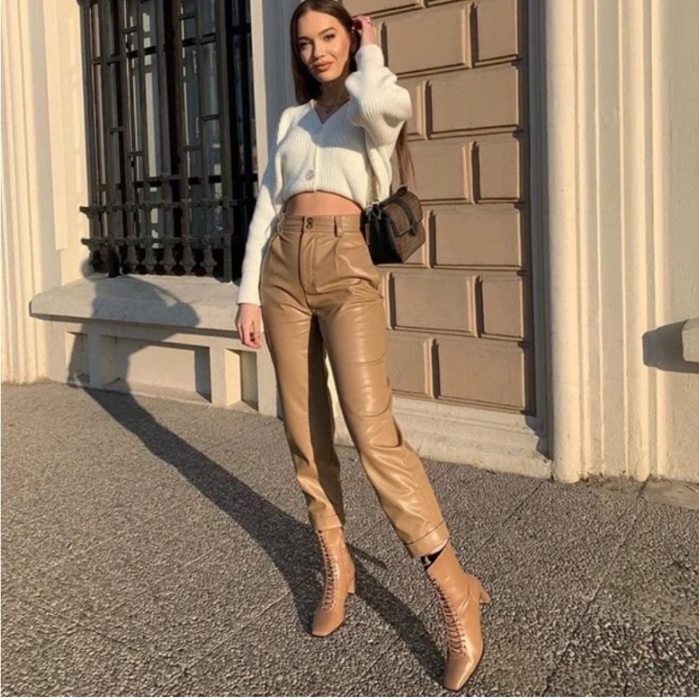 Zara Bloggers Favorite Faux Leather Tan Beige Mom Fit High Waist Ankle Pants XS